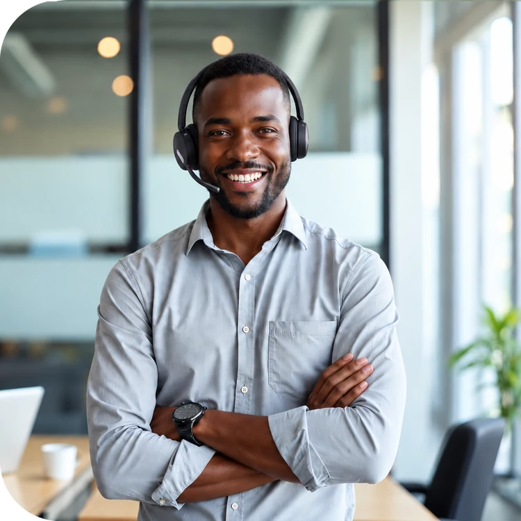 Agent de service à la clientèle souriant, bras croisés, casque d’écoute