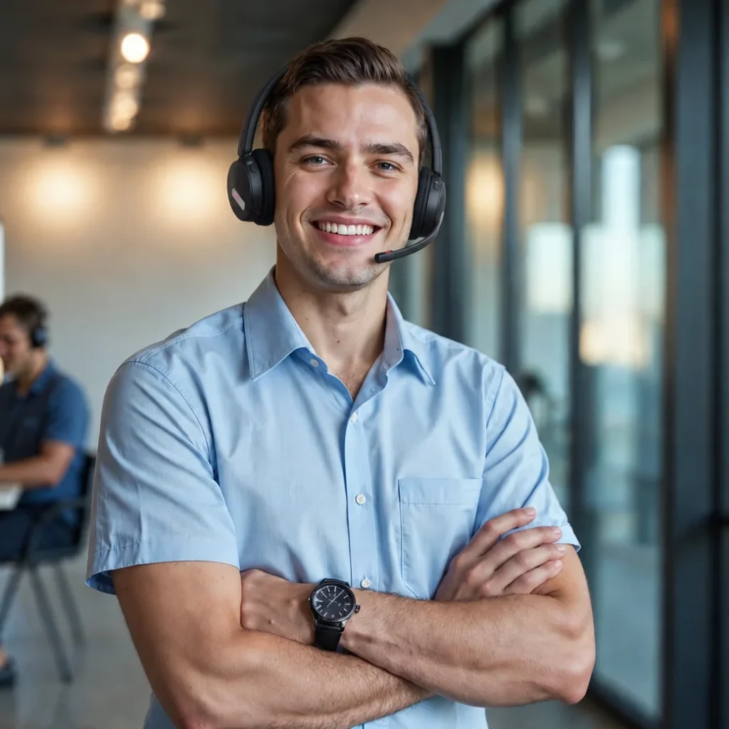 Agent souriant au casque d’écoute, bras croisés