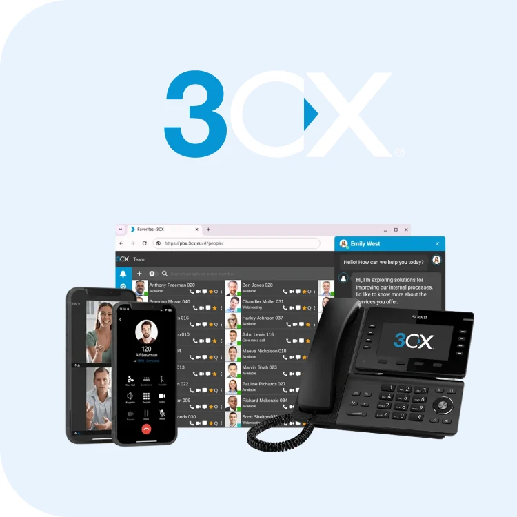 Logo 3CX et ses applications sur ordinateur, téléphone intelligent et téléphone IP