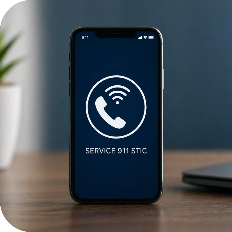 Téléphone intelligent affichant « Service 911 STIC », posé sur un bureau